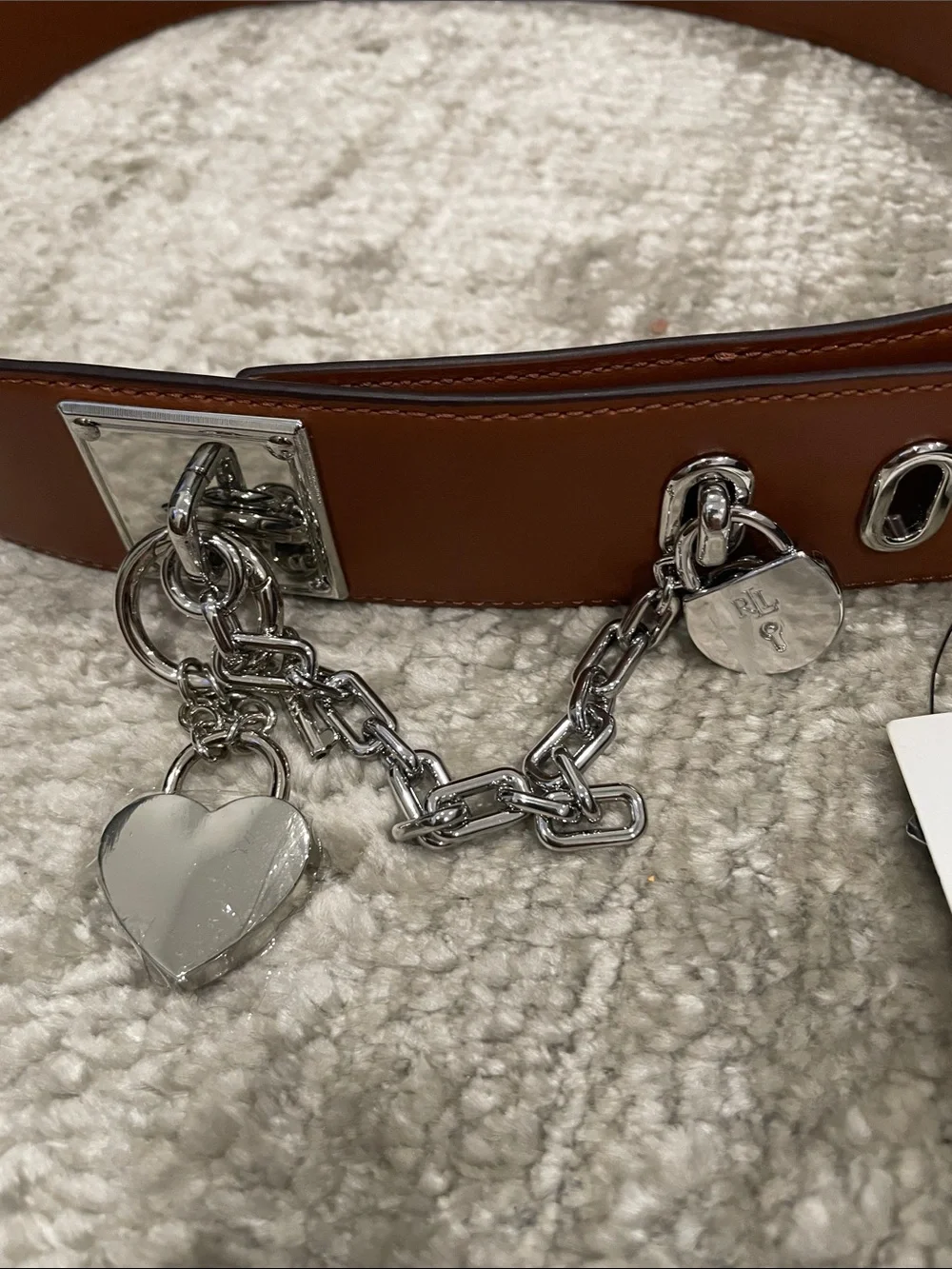 Lauren Ralph Lauren Tan Leather Belt with Silver Heart Charms